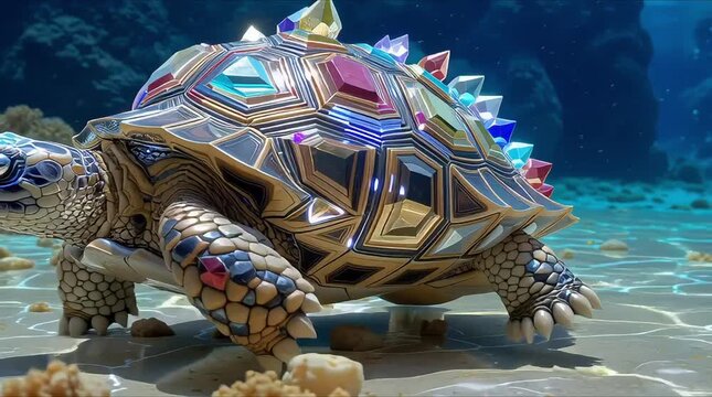 Fantasy giant turtle with glowing crystals on its shell on a beach
