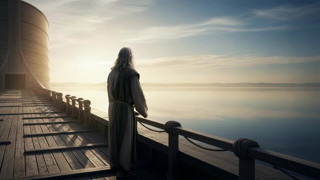 Bearded man standing on deck of ancient wooden ship at sunset. Biblical patriarch Noah looking at horizon over calm water. Religious scene of faith and hope.