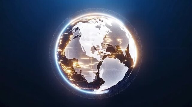 Globe with a bright ring and continents on a dark background with a futuristic design