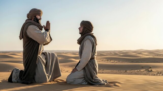 Bearded prophet blesses kneeling man in desert. Prophet placing hands on head of follower for ritual prayer. Ancient biblical scene in sandy dunes at sunset.