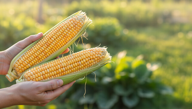 Hands holding two fresh ears of corn with yellow kernels. Harvested maize in a garden. Organic agriculture and farming concept