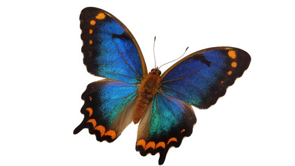 Isolated stunning blue and green tropical butterfly with furry body and vivid orange wing spots © Natasha