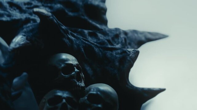 Cinematic 3D animation of a dark witch den. Grungy human skulls merged into a twisted tree with sharp fangs on its branches. Parallax camera movement through a gloomy misty forest. Moody atmosphere.