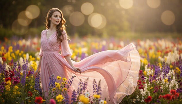 Young woman in a flowing pink dress standing in a wildflower field. Female model in a meadow of colorful flowers at sunset. Golden hour portrait with copy space