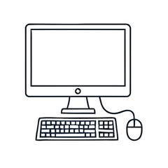Fototapeta premium A simple line art drawing of a desktop computer monitor keyboard and mouse isolated on transparent background