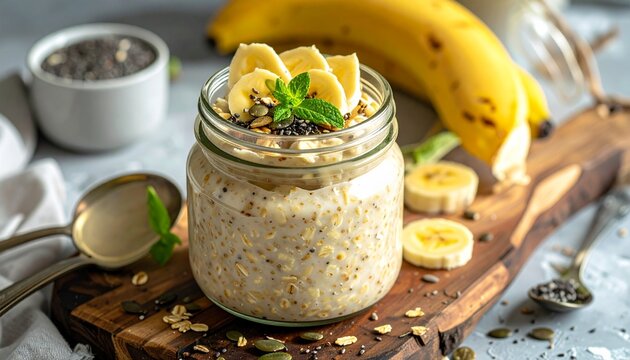 Delicious overnight oats with banana and chia seeds in a jar