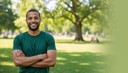 Fototapeta premium Portrait of a smiling Black man with arms crossed in a sunny park. Happy male in green t-shirt outdoors. Healthy lifestyle and wellness concept. Copy space for text