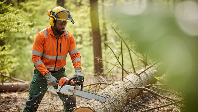 Lumberjack cutting a fallen log with a chainsaw in a forest. Professional arborist in orange safety gear and helmet. Forestry work and timber industry concept