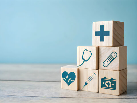 A stack of blocks with medical symbols on them