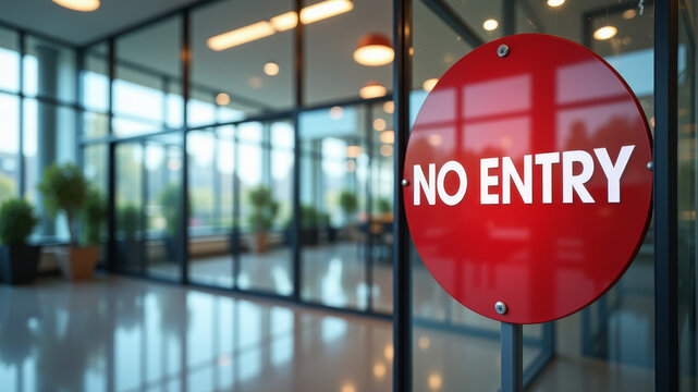 red no entry traffic sign placed inside glass office corridor creating strong visual barrier symbolizing restricted access in modern workplace architecture