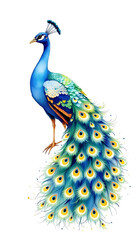 Obraz premium A watercolor illustration of a peacock is depicted against a white background