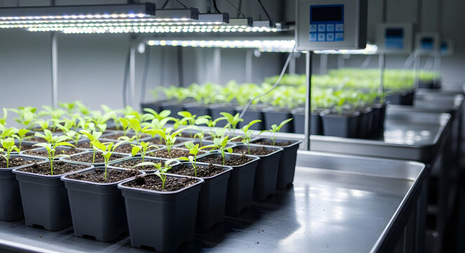 Indoor plant nursery with rows of seedlings growing under fluorescent lights