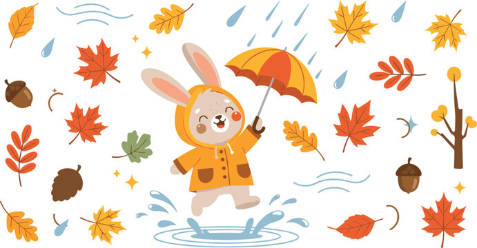 Cute bunny with umbrella jumping in rain puddle autumn leaves cartoon vector illustration for kids