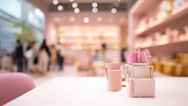 Blurred background of a modern pink cafe with bokeh lights.
