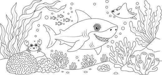 Fototapeta premium Cute shark coloring page with coral reef, fish, crab and underwater ocean scene, detailed black and white line art for kids coloring book