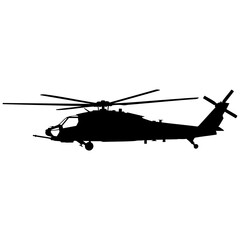 Fototapeta premium Silhouette of a black helicopter flying against a white background side view with rotor blades