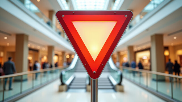 large triangular yield sign centered in bright shopping mall atrium symbolizing caution and navigation within expansive commercial interior architecture
