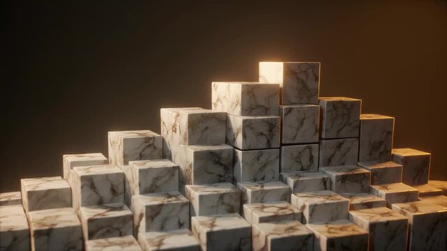 A pyramid of marble cubes arranged in ascending size against a dark background