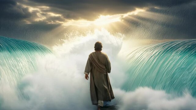 Prophet walking through the parted Red Sea. Biblical miracle with man crossing dry path between ocean waves. Religious story of Exodus and divine intervention.