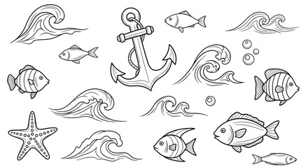 Fototapeta premium An illustration of various sea creatures and nautical symbols, including an anchor, waves, fish, and a starfish, in a marine environment.