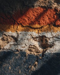 Fototapeta premium Faded flag painted on destroyed, crumbling, and bullet-marked concrete building wall, realistic conflict zone aesthetic