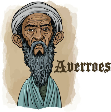 Caricature of Averroes(Ibn Rushd): A Muslim philosopher, theologian, jurist, and physician in medieval Andalusia. He is known for his Aristotelian commentaries.
