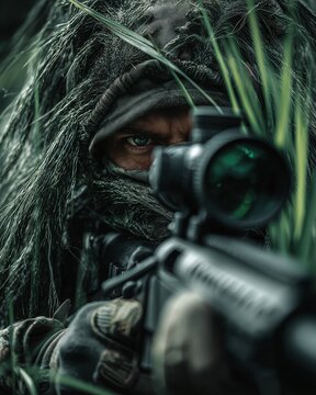 Camouflaged sniper in ghillie suit aiming a rifle with black scope through tall green grass, showing realistic military aesthetic and muted green tones