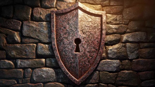 Ancient stone wall with a rustic shield bearing an old-fashioned keyhole lock