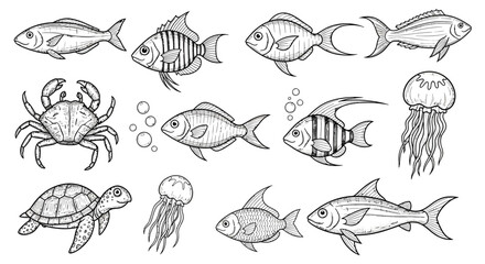 Obraz premium Marine animals illustration including fish, jellyfish, crab, and turtle in ocean environment.