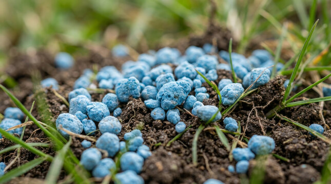 Close up of blue fertiliser pellets on soil and grass, agriculture and crop nutrient concept
