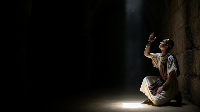 Man in historical costume praying in a beam of light. Religious figure kneeling in a dark stone room. Biblical scene depicting spiritual devotion and seeking hope.
