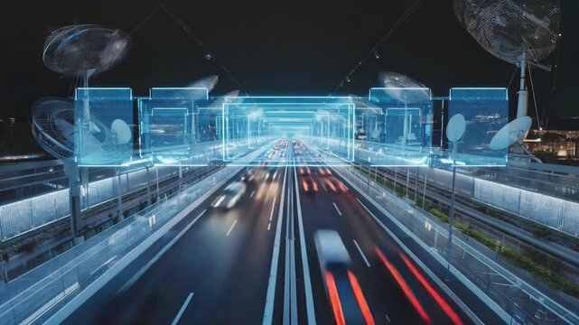 A futuristic highway with satellites and digital projections at night with a cityscape in the background with motion blur on the road