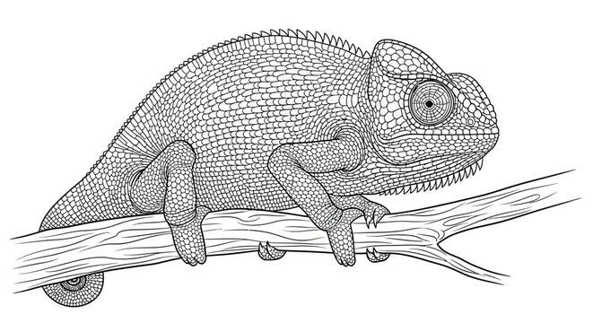 Detailed line art of a chameleon resting on a branch against white