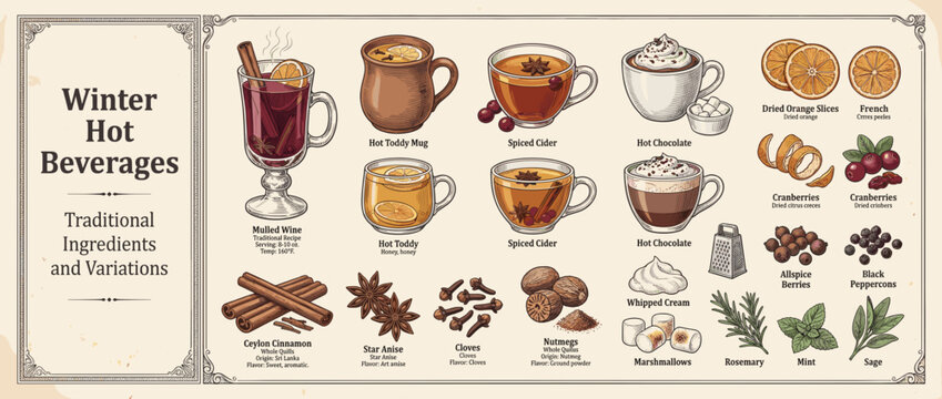 Collection of winter hot beverages with traditional ingredients and variations for cold weather enjoyment