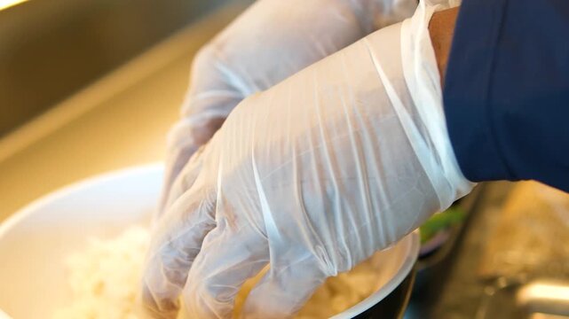 chef preparing sea urchin rolls Chef hands preparing sushi roll, squeeze out cream cheese