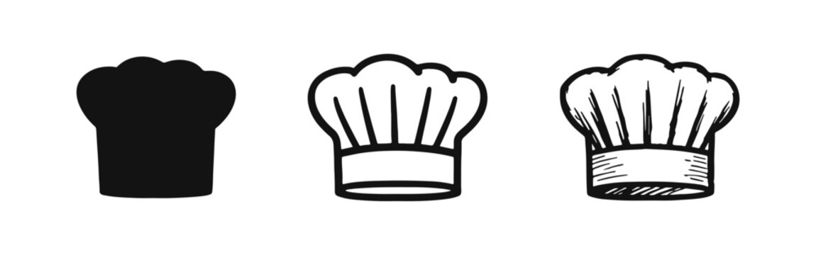 Chef hat icon set. Cooking and culinary professional symbol in various styles.
