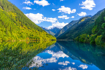 Beautiful Rhino Lake in autumn season in Jiuzhaigou Valley National Park, China. © bennnn