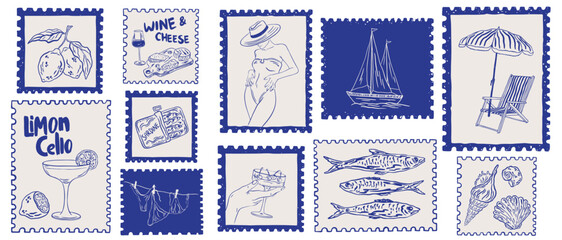 Hand drawn Italian style vacation post stamps. Mediterranean food, sardines, wine and seashell. Amalfi Sicily beach holidays La Dolce vita elements for poster, placard or postcard prints.