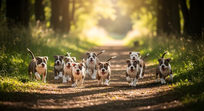Adorable pocket bully puppies running freely on a sunny forest path with golden light