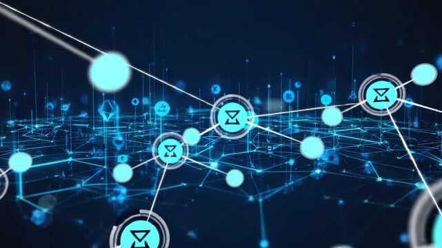 A dark blue background with a network of lines and nodes and envelope icons in a futuristic style