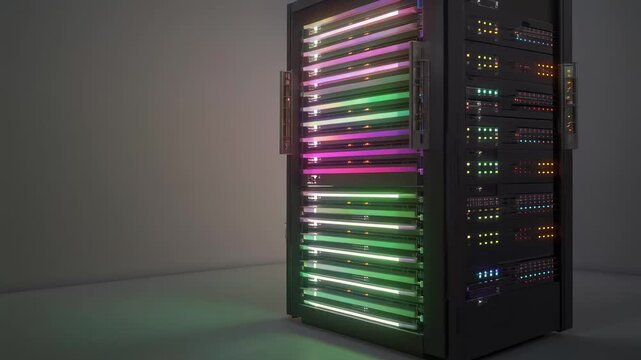 Modern server racks illuminated with vibrant green and purple lighting in a data center.
