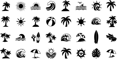 A collection of black and white tropical icons featuring palm trees sun waves and beach symbols © Vecto_Pixels