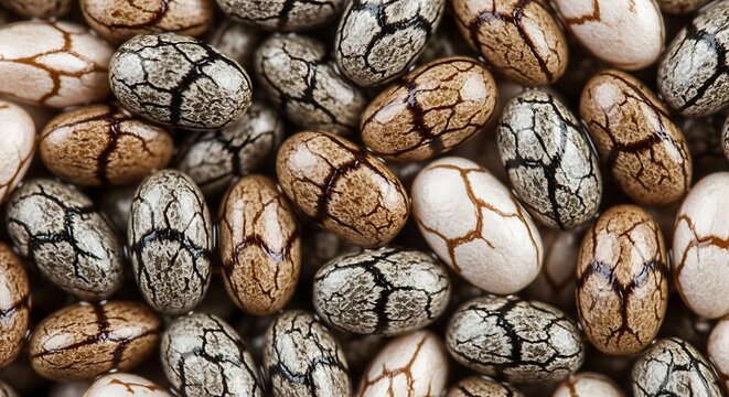 Closeup of painted scab beans with cracked patterns in brown and white colors