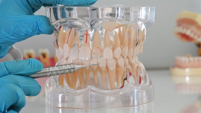Anatomical model of a human jaw with teeth for a dentist with caries, dental crowns, a dental implant close-up on a light surface and doctor shows bite problems with dental probe and mirror