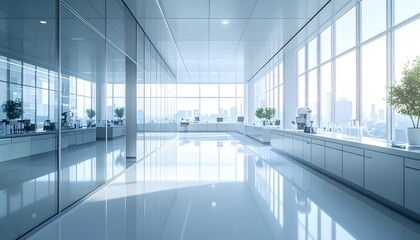 Obraz na płótnie Canvas Bright modern office interior with large windows and city view