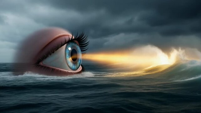 Surreal giant eye with eyelashes casting light stormy sea waves