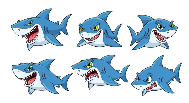 Cute Cartoon Sharks with Different Expressions - Vector Set