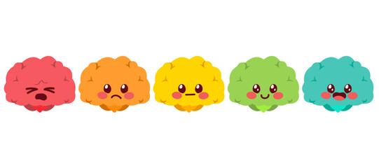 Fototapeta premium Cartoon vector illustration of a brain mascot next to a color energy meter scale representing mental energy levels, productivity and wellbeing monitoring