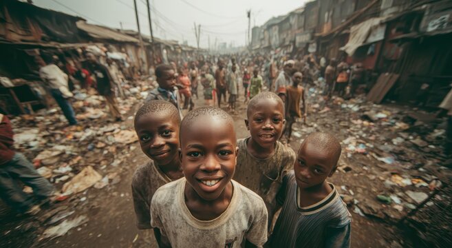 Happy African boys smiling in crowded urban slum street scene