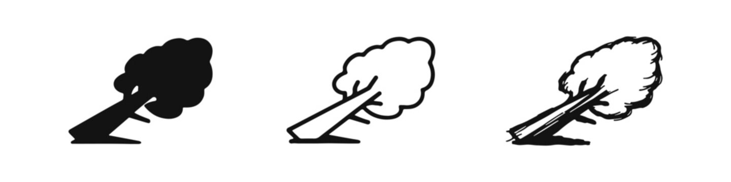 Leaning tree and wind damage icon set. Hand-drawn doodle style tree bent by storm or strong wind symbol.